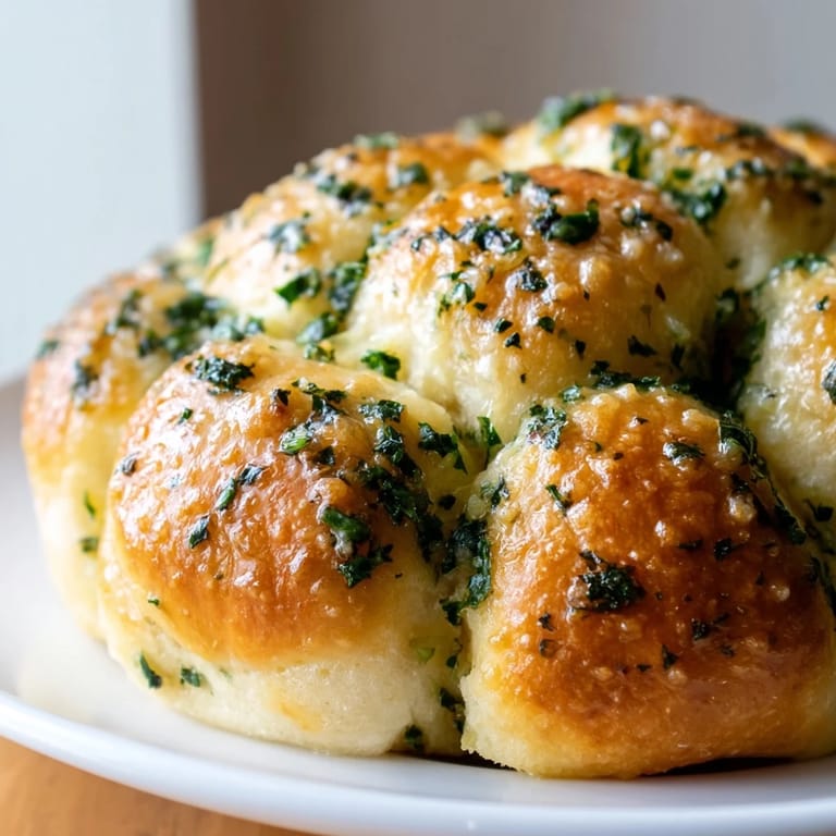 A close-up of a freshly baked Garlic Butter Bread Pull-Apart, showing soft interior crumb and melted butter on golden crust.
