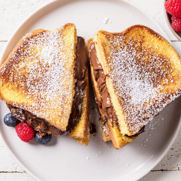 Stack of fluffy French toast sandwiches with melted chocolate hazelnut filling, served warm with fresh berries for a sweet brunch.