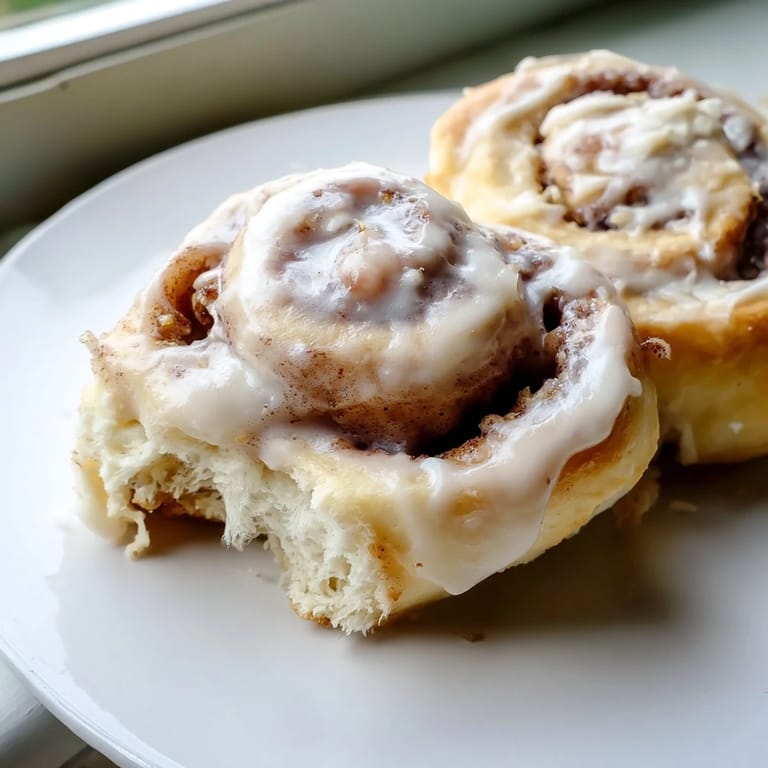A close-up of fluffy Pillow Soft Cinnamon Rolls, showcasing the buttery cinnamon sugar swirls and thick, creamy glaze on top.  