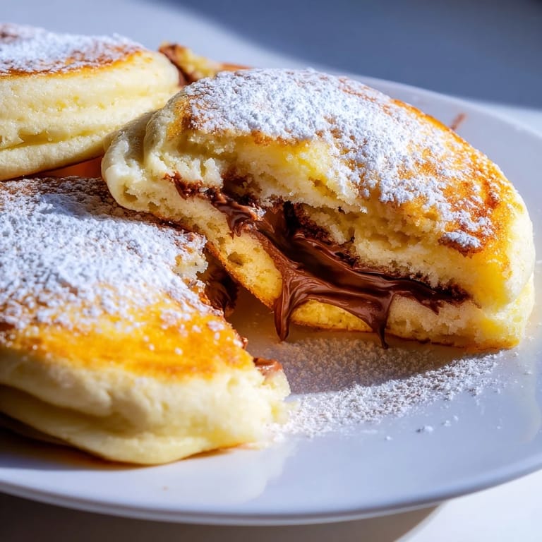 A stack of fluffy Nutella Stuffed Pancakes is drizzled with warm chocolate sauce and maple syrup.  