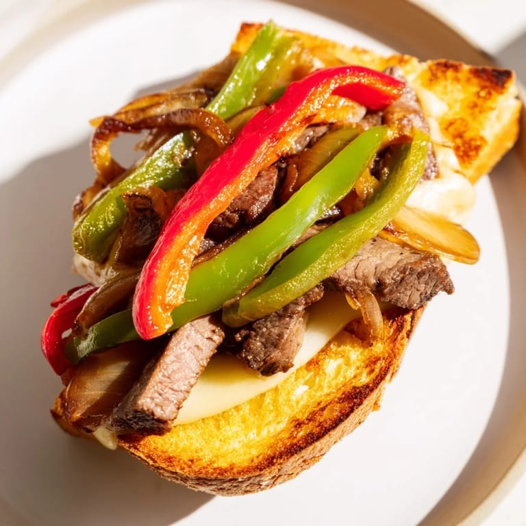 A hearty Philly Cheesesteak Grilled Cheese served with crispy french fries and a fresh dill pickle spear.