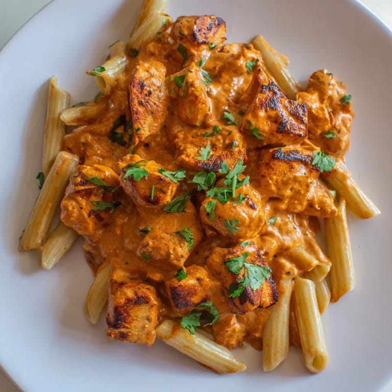A vibrant bowl of Chicken Tikka Pasta garnished with fresh cilantro, served hot with a side of garlic naan.