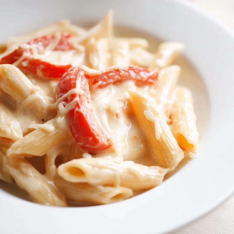 Spiral penne pasta tossed in a rich, creamy Cajun sauce with sweet roasted bell peppers and a hint of smoky paprika.  