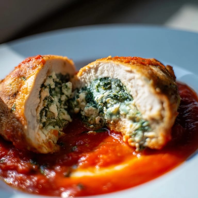 Juicy Spinach Ricotta Stuffed Chicken ready to serve, garnished with basil and paired with crusty bread for dipping into the sauce.