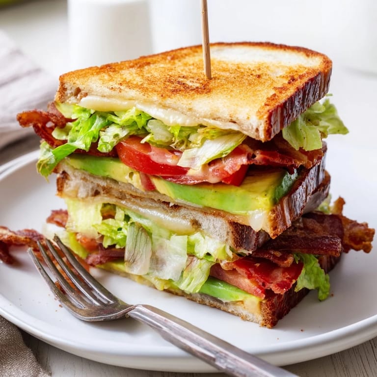 A close-up of the Avocado BLT Grilled Cheese shows thick-cut bacon and juicy tomato inside buttery bread.