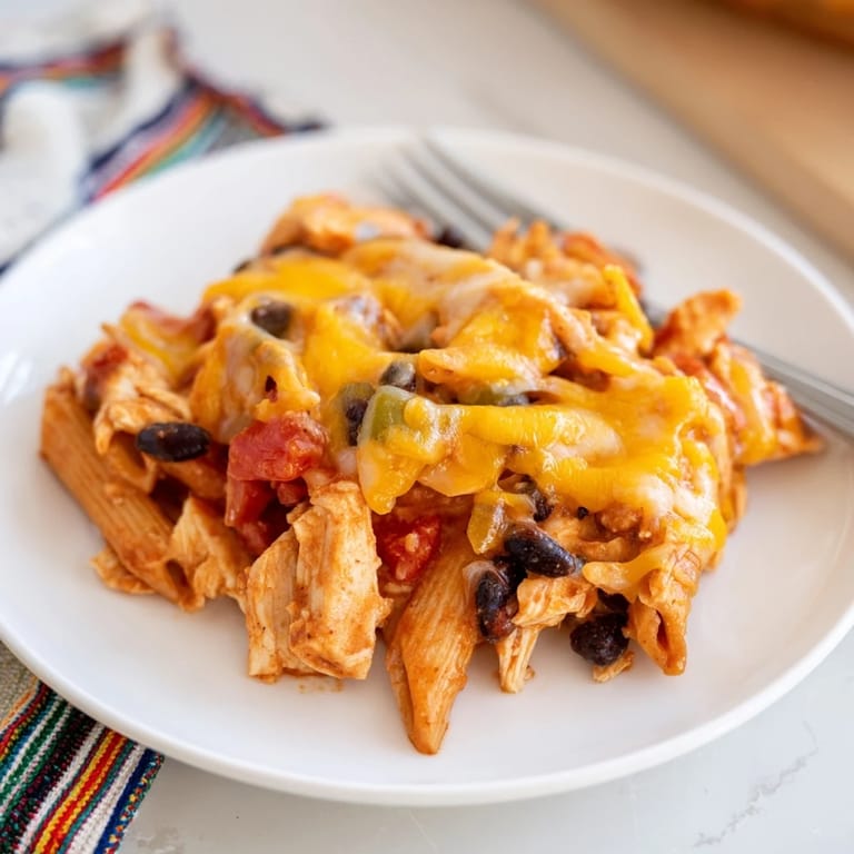 A steaming skillet of Chicken Enchilada Pasta reveals shredded chicken, diced bell peppers, and a creamy, spicy sauce perfect for weeknight dinners.