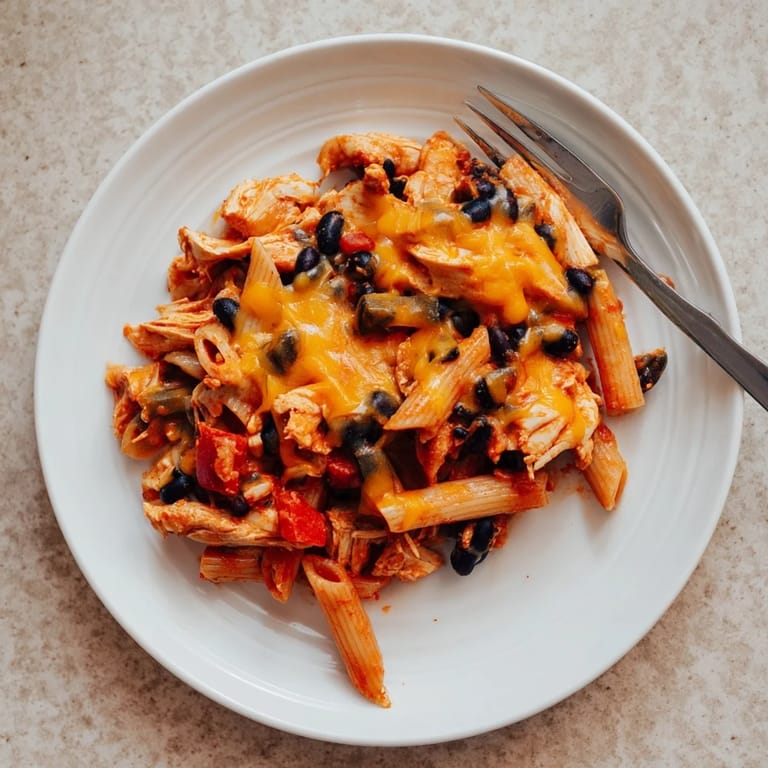 Fresh cilantro and sliced green onions top this cheesy Tex-Mex Chicken Enchilada Pasta, served alongside a dollop of sour cream and ripe avocado.