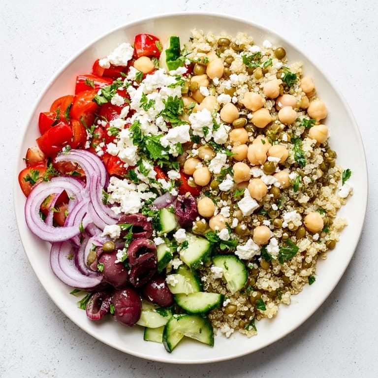Freshly prepared Greek Power Salad served in a bowl, showcasing colorful ingredients and herbs for a healthy meal.