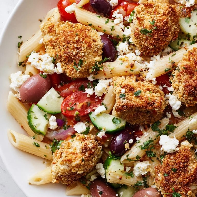 Bright Mediterranean flavors in Crispy Chicken Greek Pasta, featuring crunchy chicken, pasta, and tangy vinaigrette drizzle.