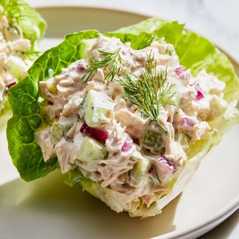 A close-up of dill pickle chicken salad nestled in fresh romaine, perfect for a low-carb lunch.