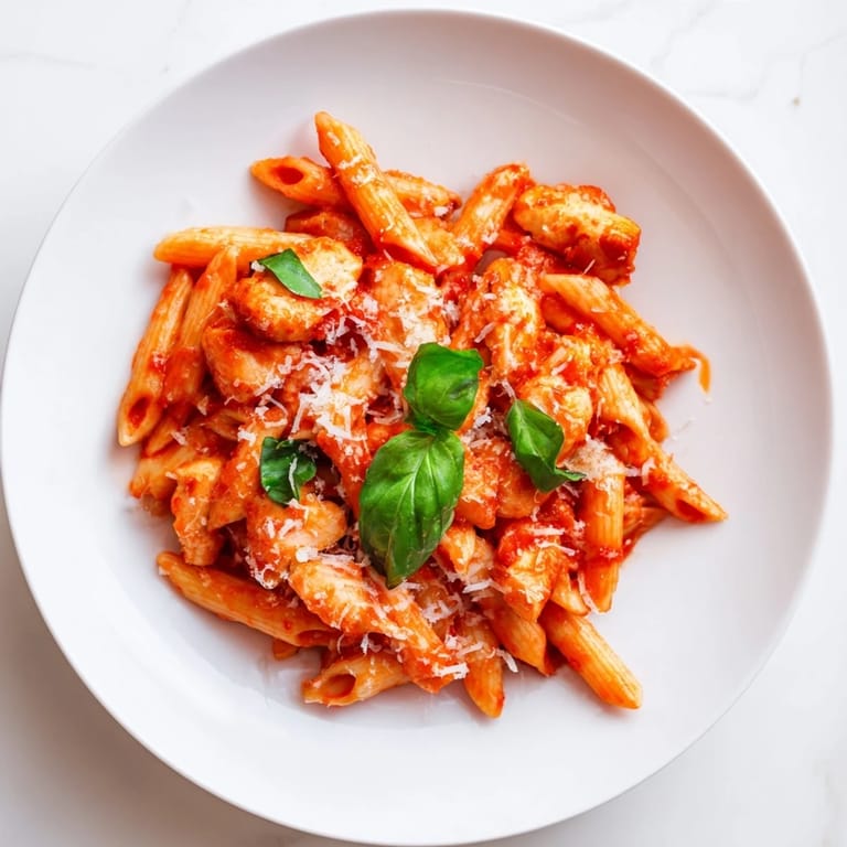 Bright, fresh Tomato Basil Chicken Pasta ready to serve, featuring golden chicken pieces and a rich red sauce.