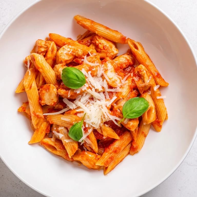 A close-up of Tomato Basil Chicken Pasta in a white bowl, with steam rising from the saucy penne.