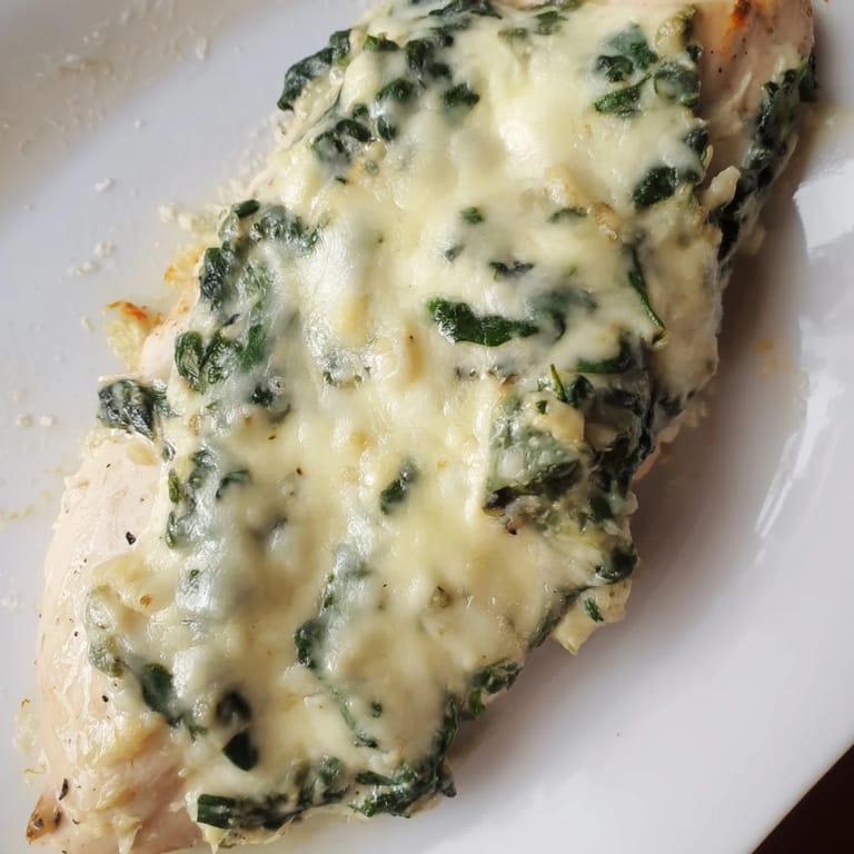 A close-up of the Spinach & Artichoke Chicken Bake with melted cheese and wilted greens.