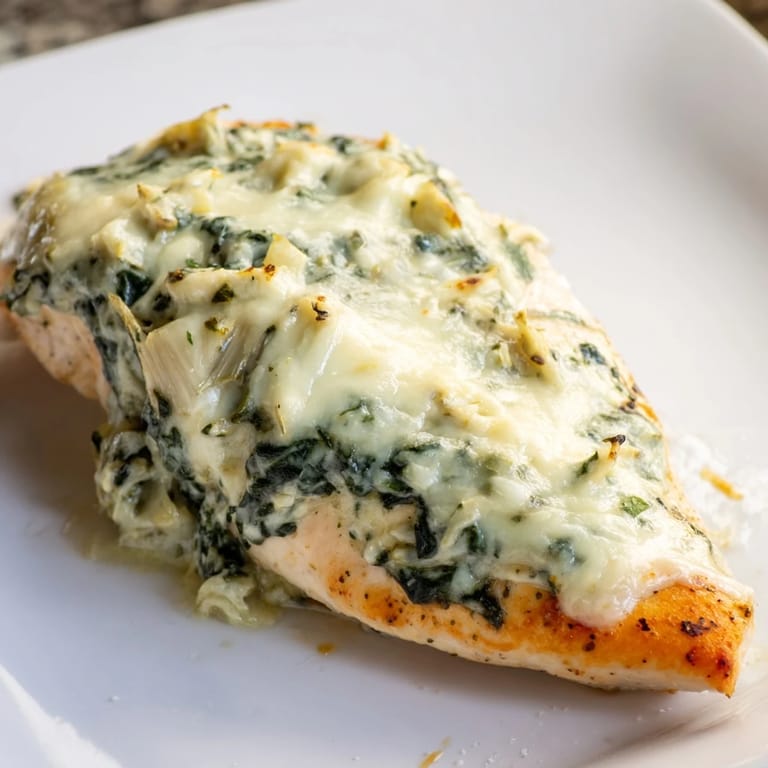 Juicy chicken breasts topped with a tangy spinach and artichoke mixture, perfect for a comforting weeknight dinner.