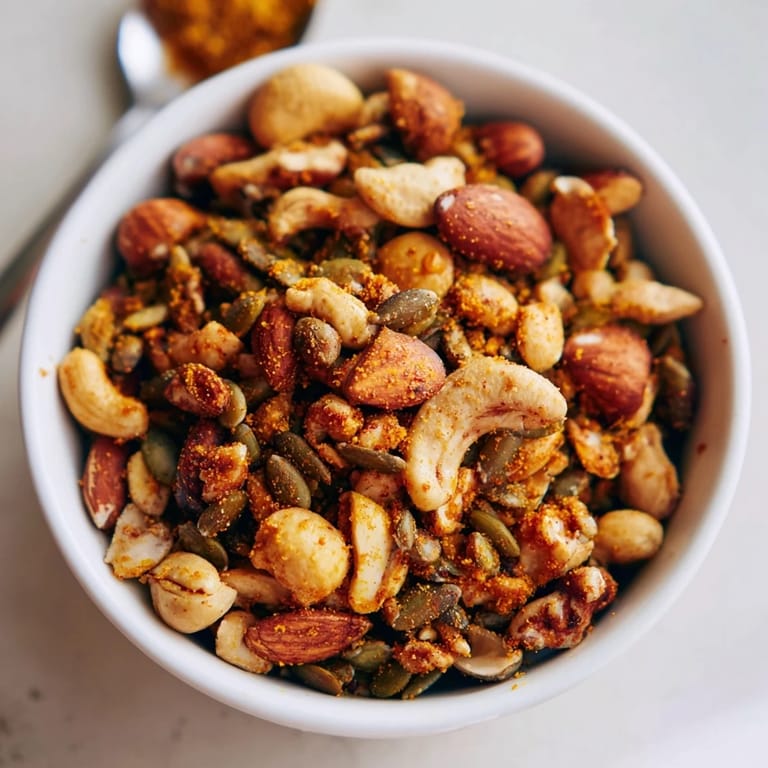 Healthy gluten-free Spiced Nuts and Seeds Mix in a rustic bowl, perfect for snacking or topping fresh salads.