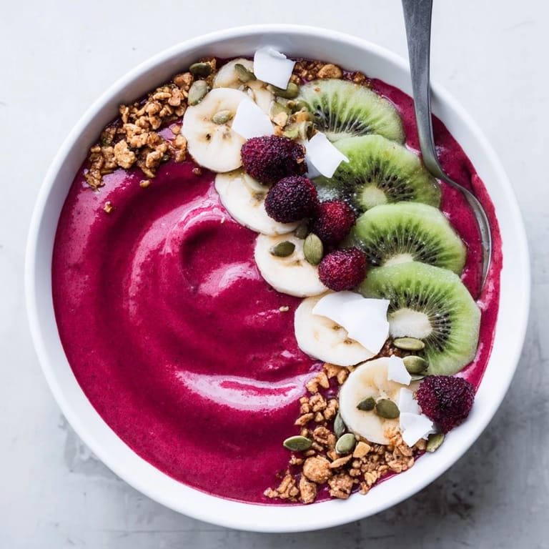 Two bowls of colorful Beet and Berry Smoothie Bowl, garnished with sliced kiwi, shredded coconut, and mint leaves.