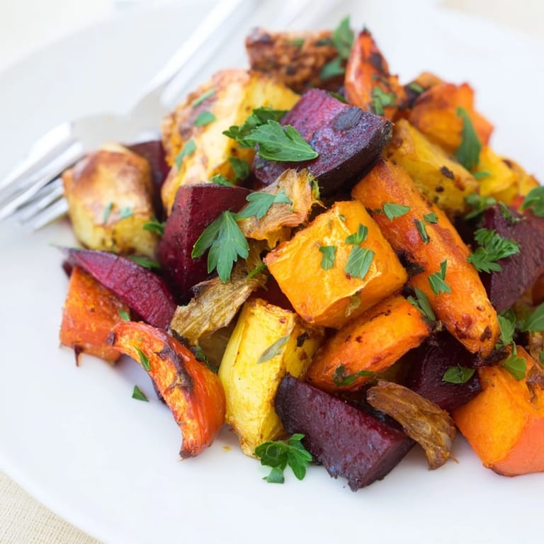 Roasted root vegetable medley served warm as a colorful side dish, surrounded by herb sprigs and a rustic wooden table setting for an inviting dinner spread.
