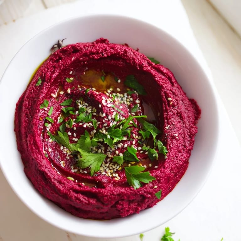 Earthy roasted beet hummus spread on a toast point, topped with sesame seeds, ideal for an elegant appetizer platter.