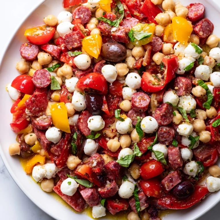Freshly chopped antipasto salad featuring mozzarella pearls, salami cubes, chickpeas, and crisp peppers, served in a bright bowl.