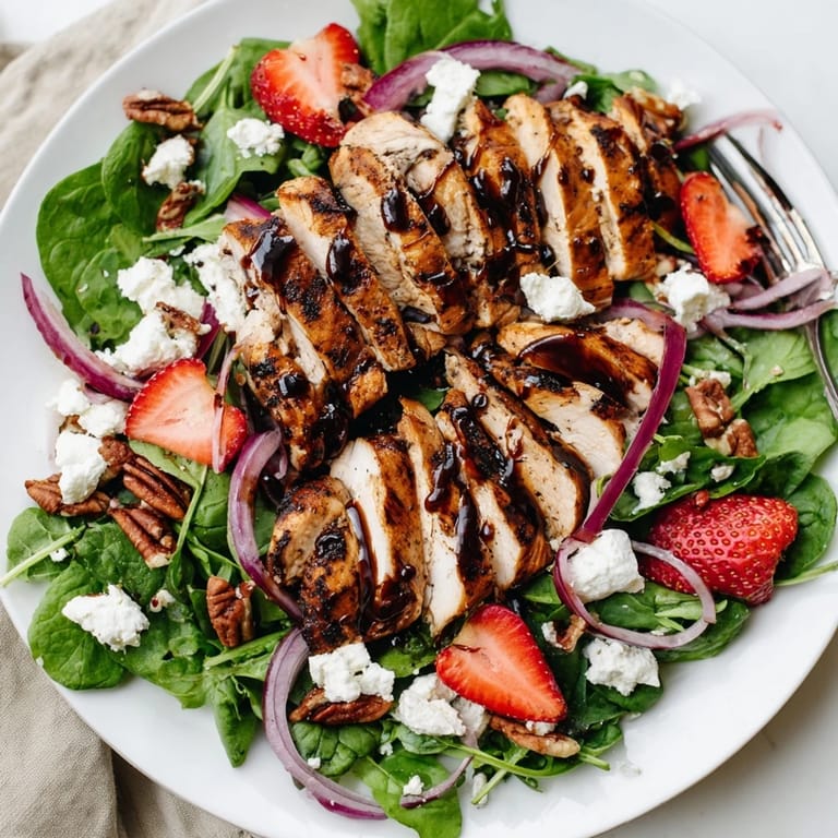 Honey Balsamic Chicken Salad on a bed of greens with sliced strawberries, crumbled goat cheese, and toasted pecans.