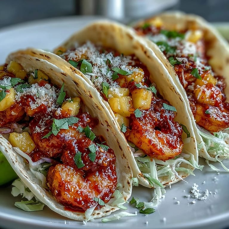 Sriracha Shrimp Tacos with Mango Salsa piled high with juicy shrimp and zesty fruit salsa.
