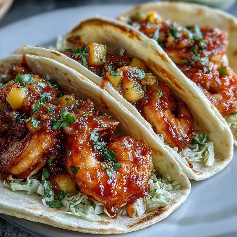 Fusion sriracha shrimp tacos with fresh mango salsa, jalapeños, cilantro, and lime wedges on the side.