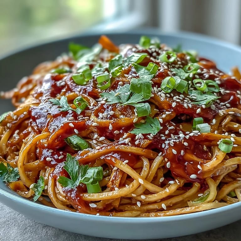 A colorful bowl of Gochujang Swede Noodles with fresh vegetables and toasted sesame seeds.