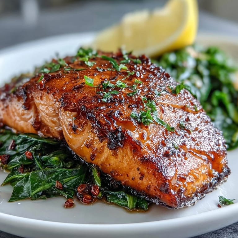 Juicy Air Fryer Salmon and Swiss Chard with tender leaves and lemon wedges, ideal for a low carb weeknight meal.