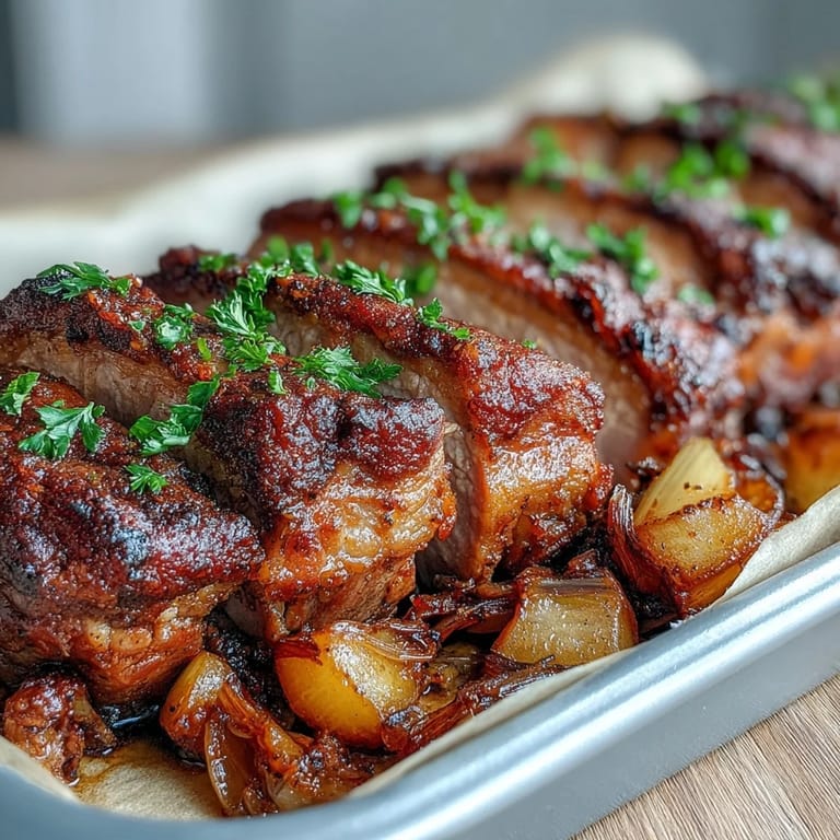 A close-up of the finished Pork and Aromatic Rhubarb Traybake, showing juicy pork pieces and soft, pink rhubarb surrounded by glazed red onions on a baking sheet.