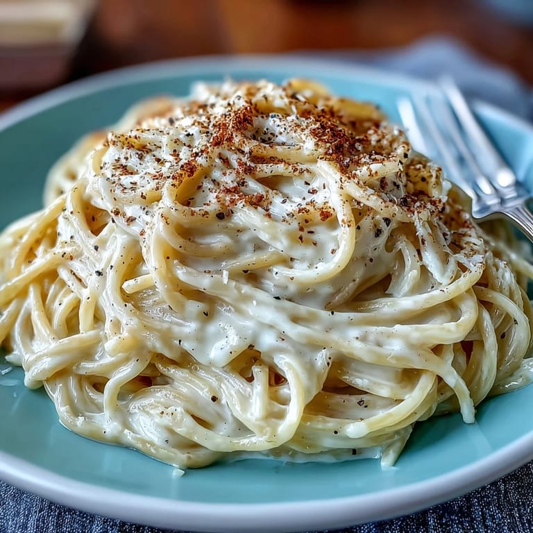 A bowl of Cacio e Pepe pasta is topped with freshly cracked black pepper and extra grated cheese.