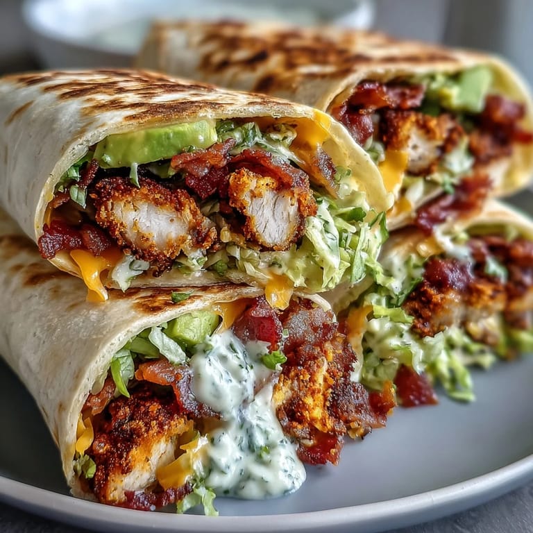 Golden-brown Crispy Chicken Bacon Wrap cut in half, revealing layers of juicy chicken and crisp lettuce.