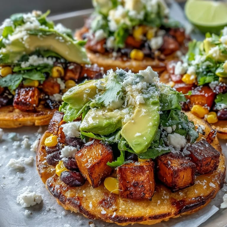 Overhead view of freshly assembled Black Bean and Sweet Potato Tostadas with vibrant roasted sweet potatoes and lime wedges on the side.