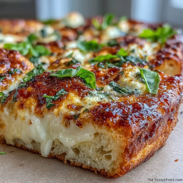 Slice of Hot Honey Ricotta Pizza on a white plate, ricotta base with melted mozzarella and red pepper flakes, topped with basil.