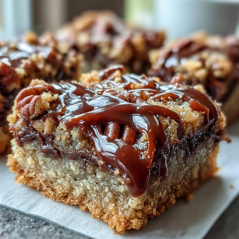 Freshly baked Decadent Sweet and Chewy Turtle Bars with Chocolate and Caramel cut into squares on a marble slab, drizzled with melted chocolate and sea salt.