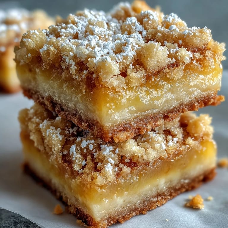 A close-up view of Homemade Lemon Crumb Bars highlights buttery crumbs and a tangy lemon layer on a rustic table.