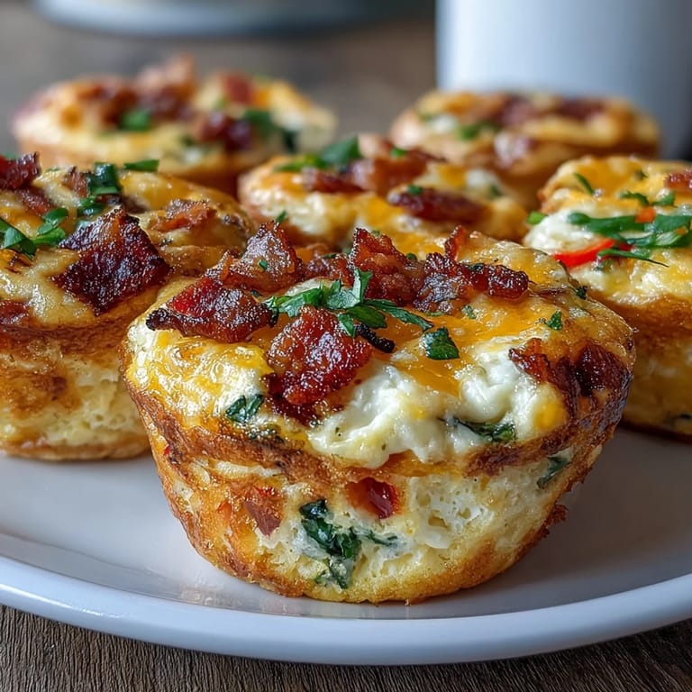 A close-up of savory Breakfast Egg Muffins featuring fluffy eggs, crumbled bacon, and melted cheddar cheese on a rustic plate.