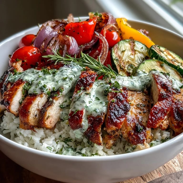 Colorful roasted vegetables like bell peppers, zucchini, and red onion surround slices of Lemon Herb Roasted Chicken. Served over a bed of steaming rice with a bright lemon wedge garnish.