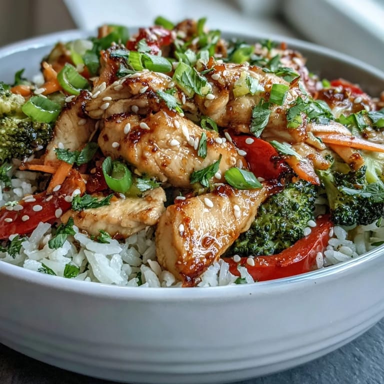 A freshly prepared Chicken and Rice Bowl featuring tender chicken, julienned carrots, and bright bell peppers with a sprinkle of sesame seeds.