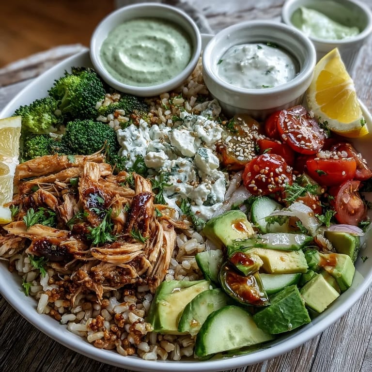 A hearty Rotisserie Chicken Bowl with creamy avocado, red onion, and a drizzle of tzatziki, garnished with herbs and lemon.