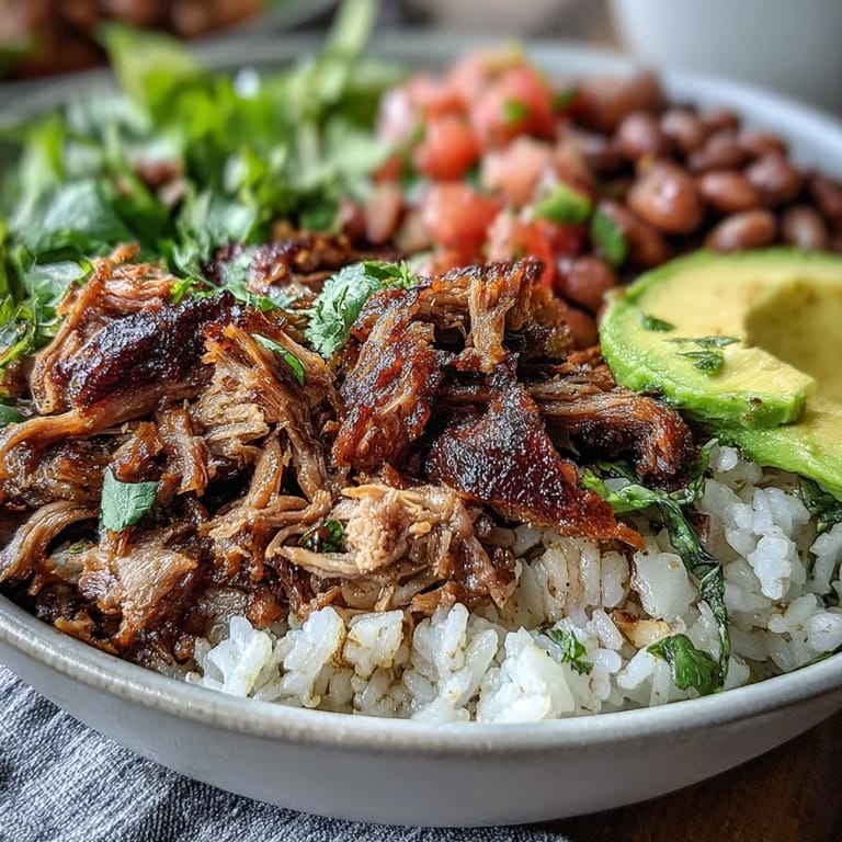 Fluffy white rice and tender carnitas are layered in a bowl with hearty pinto beans, fresh pico de gallo, and sliced avocado.