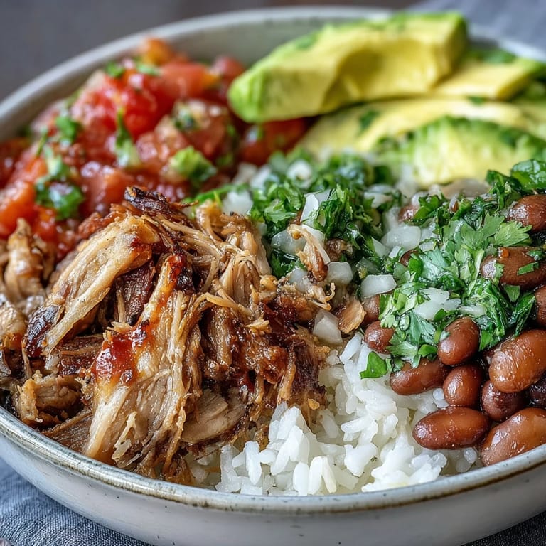 A freshly assembled Carnitas Bowl topped with cilantro and lime wedges, perfect for a gluten-free weeknight Mexican dinner.