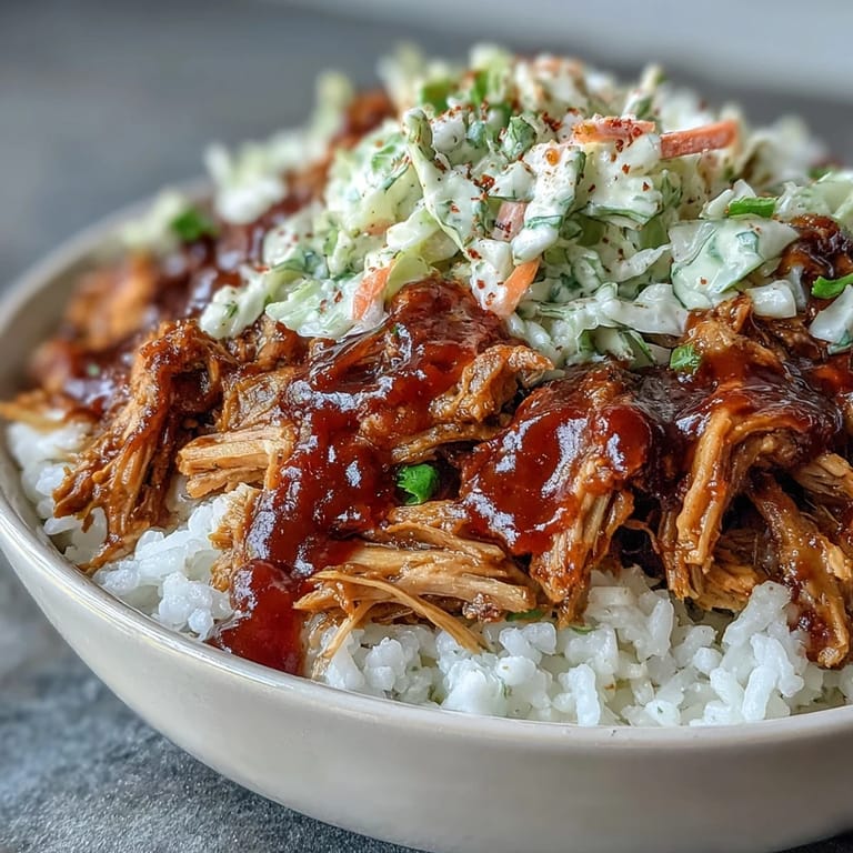 Smoky BBQ sauce drizzled over a hearty pulled pork bowl garnished with cilantro.