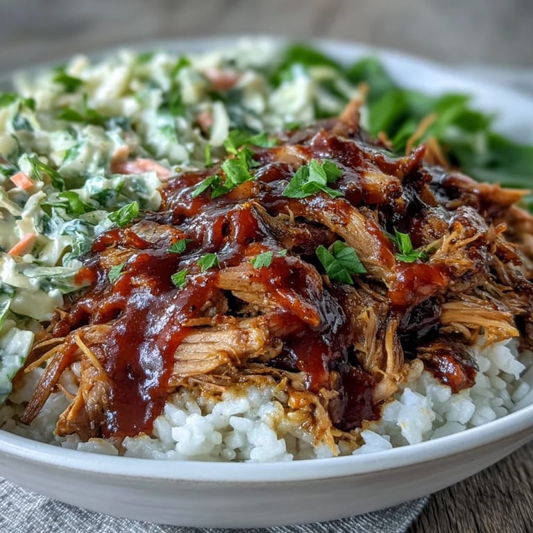 Gluten-free pulled pork bowl featuring juicy meat, crunchy slaw, and savory rice.