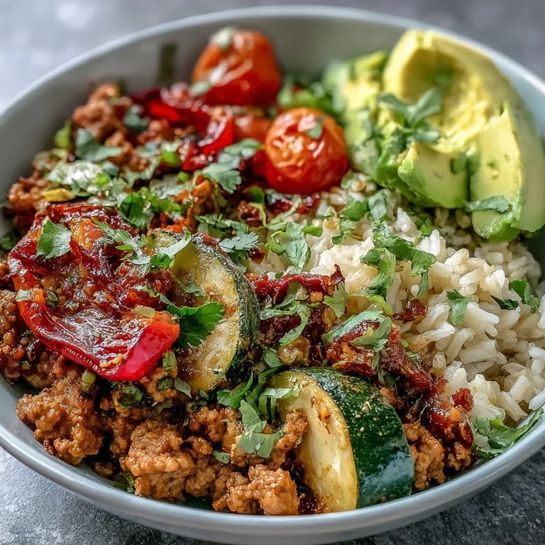 Close-up of a wholesome Ground Turkey Bowl featuring juicy turkey, caramelized cherry tomatoes, and quinoa with avocado slices.