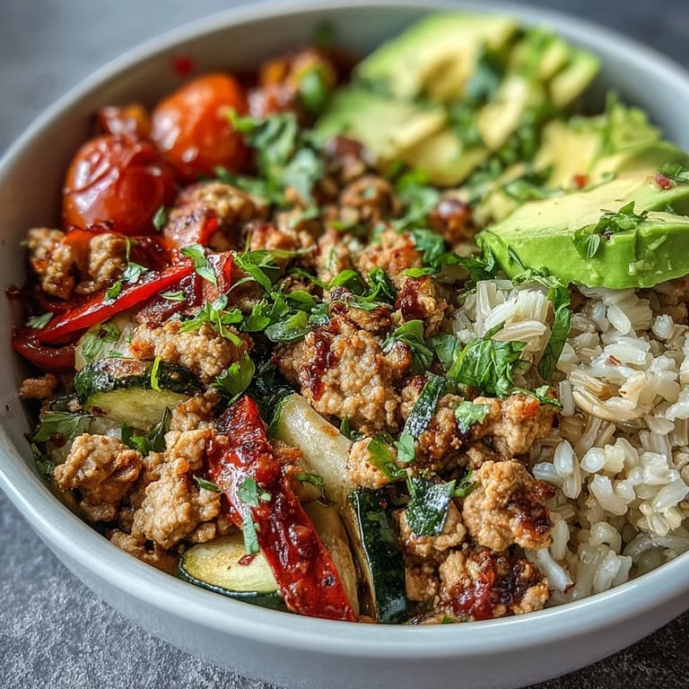 Colorful Ground Turkey Bowl topped with roasted vegetables, fresh cilantro, and lime wedges, ready to serve on a marble surface.