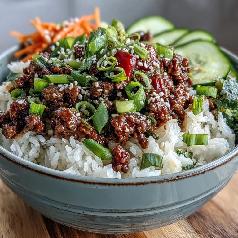 A close-up highlights the glazed Korean Ground Beef Bowl, featuring sautéed beef, sesame seeds, and vibrant radish slices.