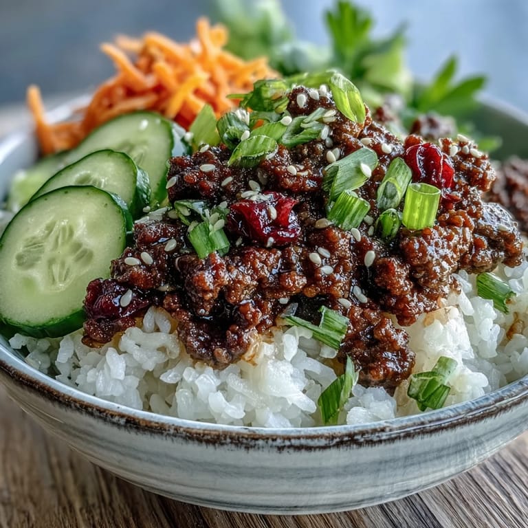 Savory Korean Ground Beef Bowl served over cauliflower rice, garnished with fresh green onions and crunchy cucumbers.