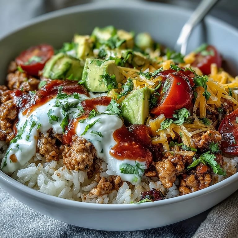 Assembled Turkey Taco Bowl layered with savory turkey, rice, and salsa, garnished with cilantro for a fresh Mexican-American dinner.