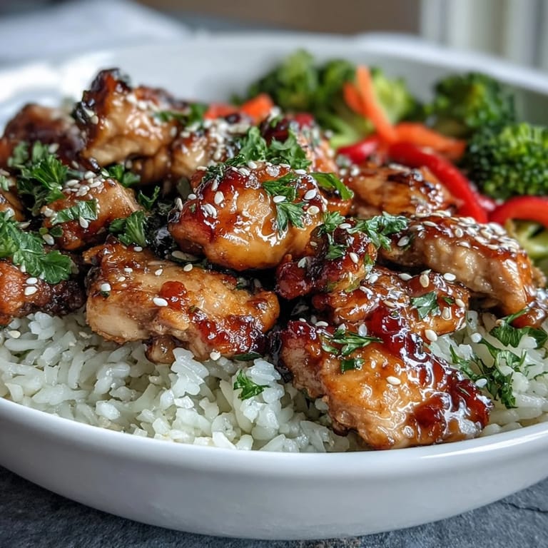 Close-up of a Honey Garlic Chicken Bowl featuring juicy chicken, steamed rice, and vegetables, ready to be enjoyed for dinner.