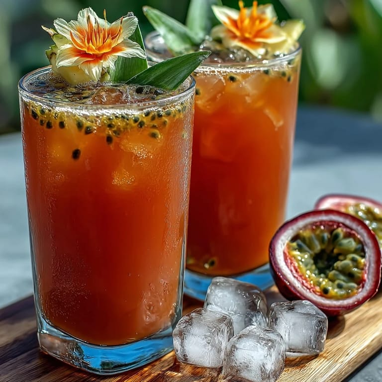 Refreshing Iced Guava Passionfruit Drink poured over ice in a clear glass, showcasing its vibrant pink color and tropical fruit juices.